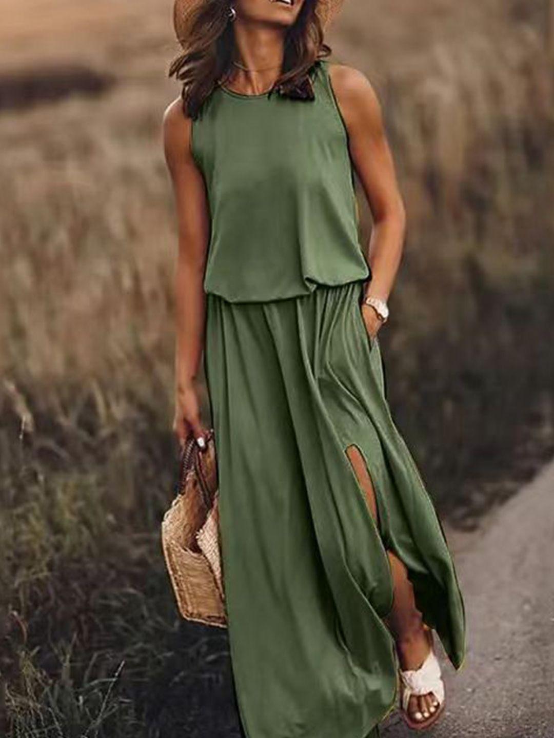 stylecast olive green round neck sleeveless blouson maxi dress