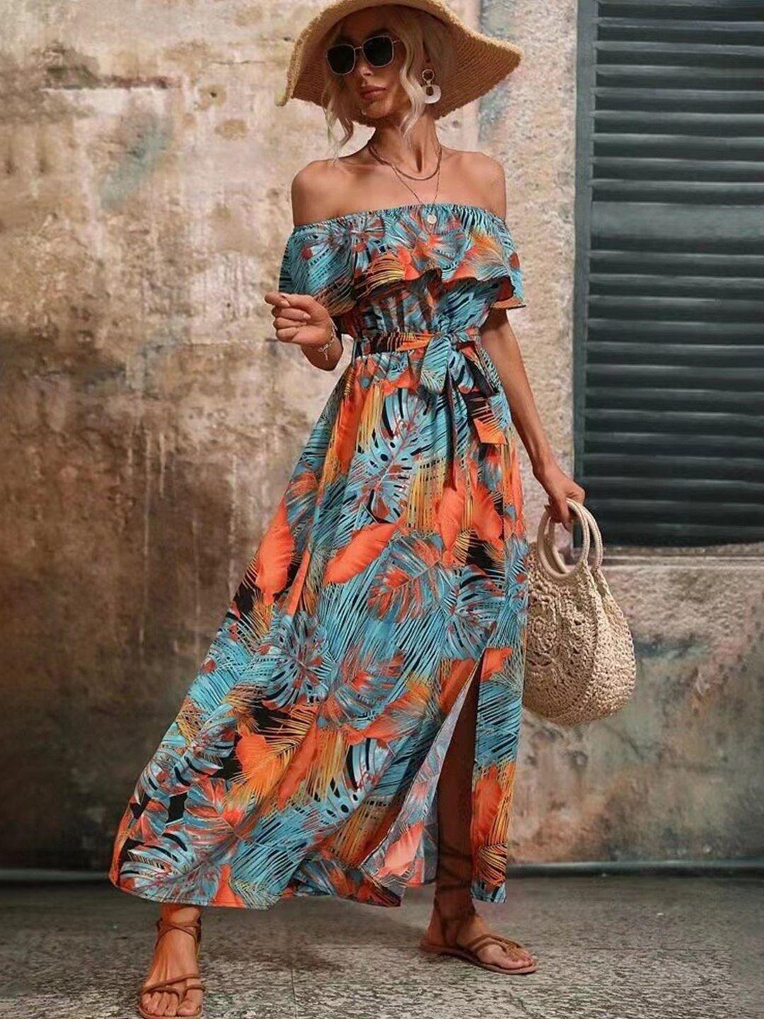 stylecast orange & blue tropical printed off shoulder maxi dress