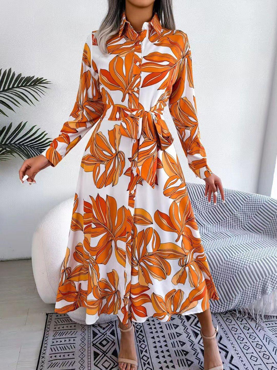 stylecast orange & white floral printed midi belted shirt dress