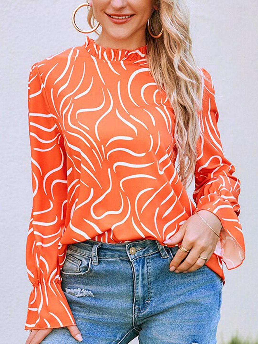 stylecast orange abstract printed high neck puff sleeves regular top