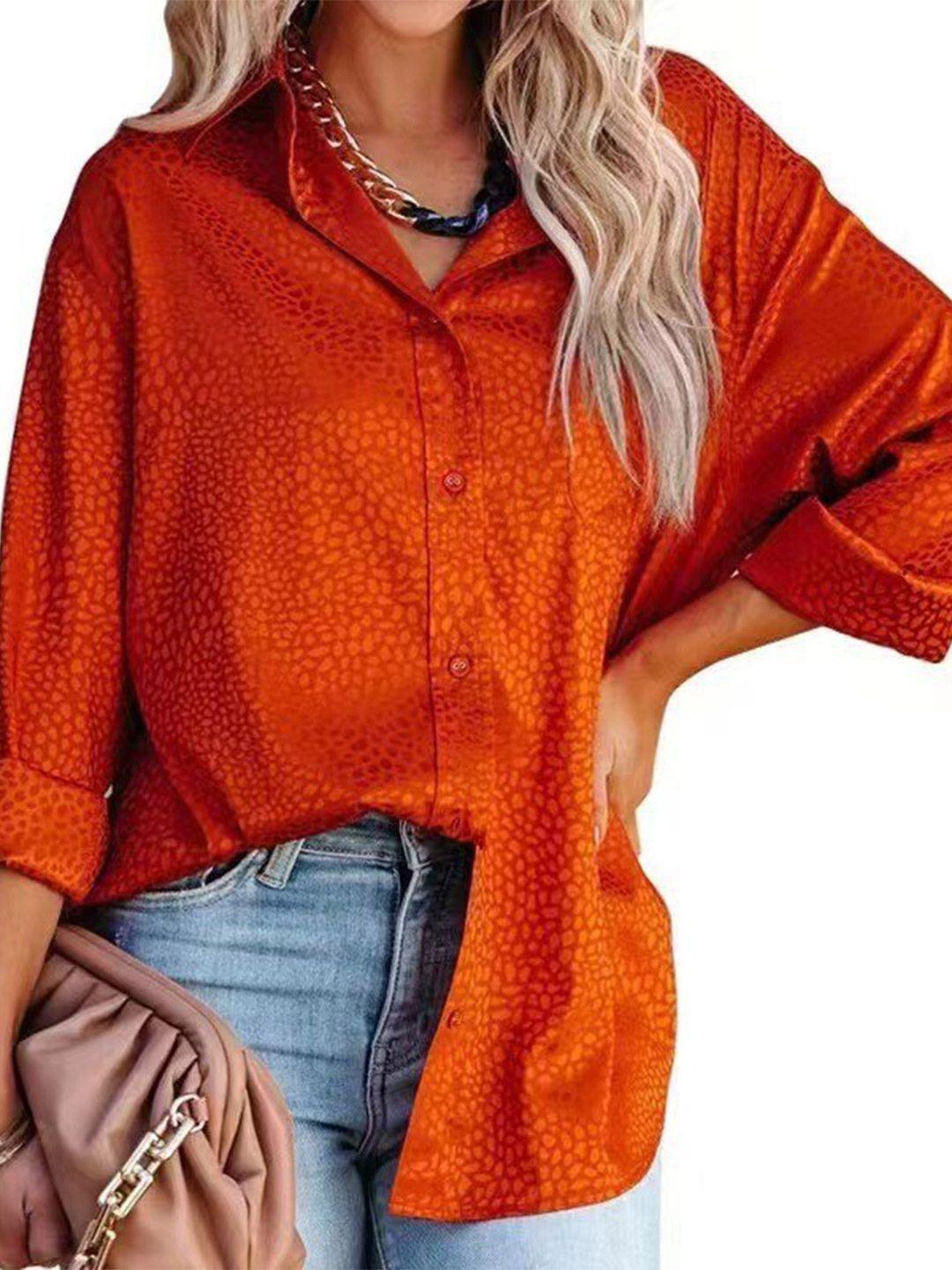stylecast orange abstract printed spread collar casual shirt