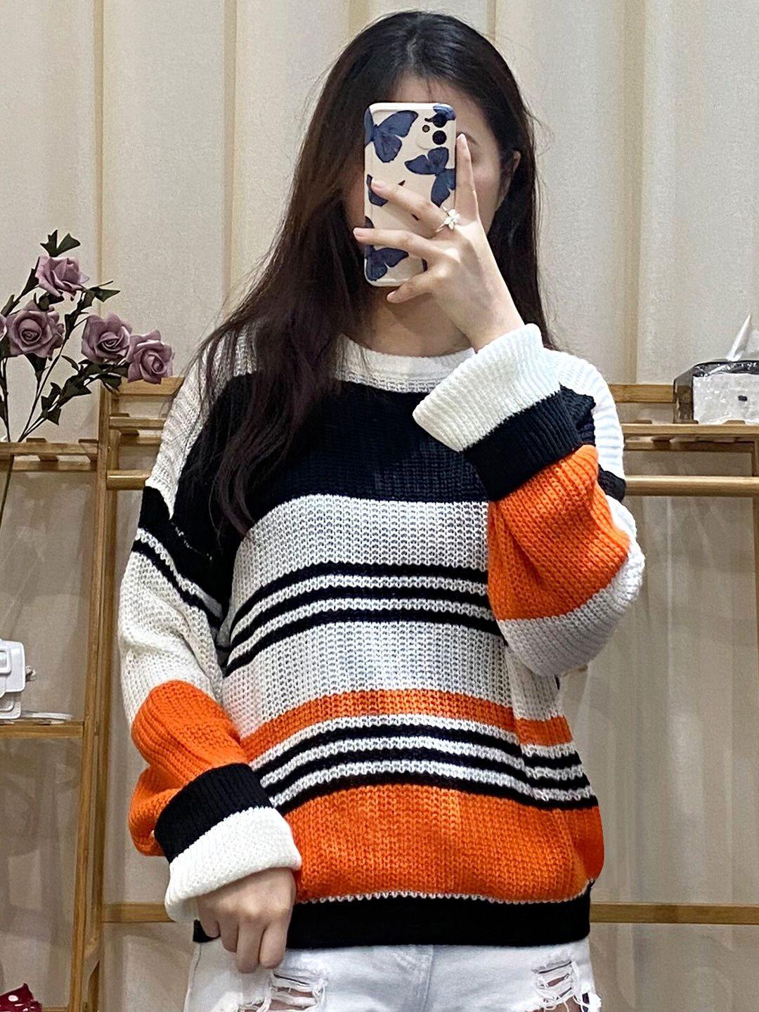 stylecast orange colourblocked round neck long sleeves pullover sweater