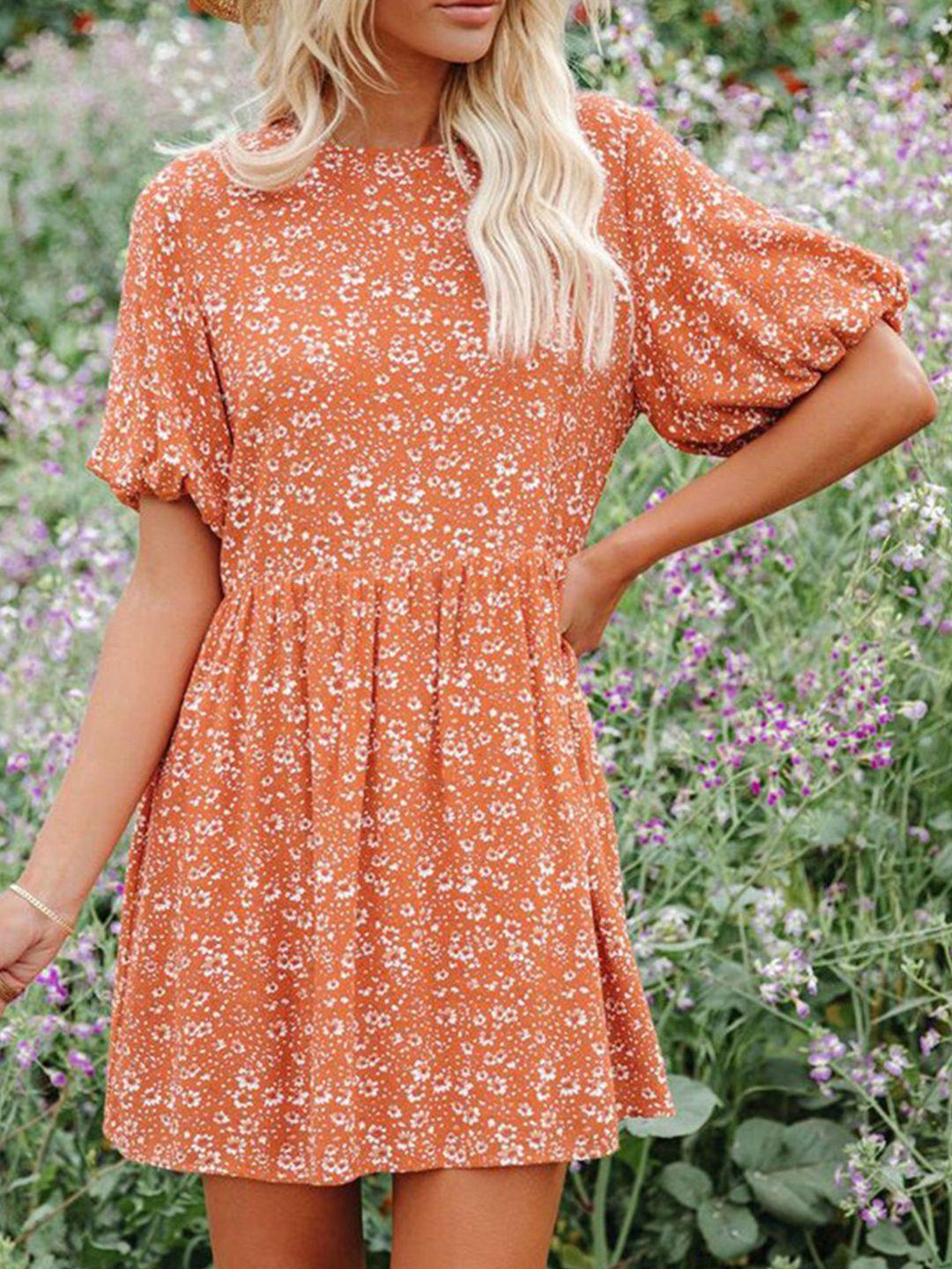 stylecast orange floral printed fit & flare dress