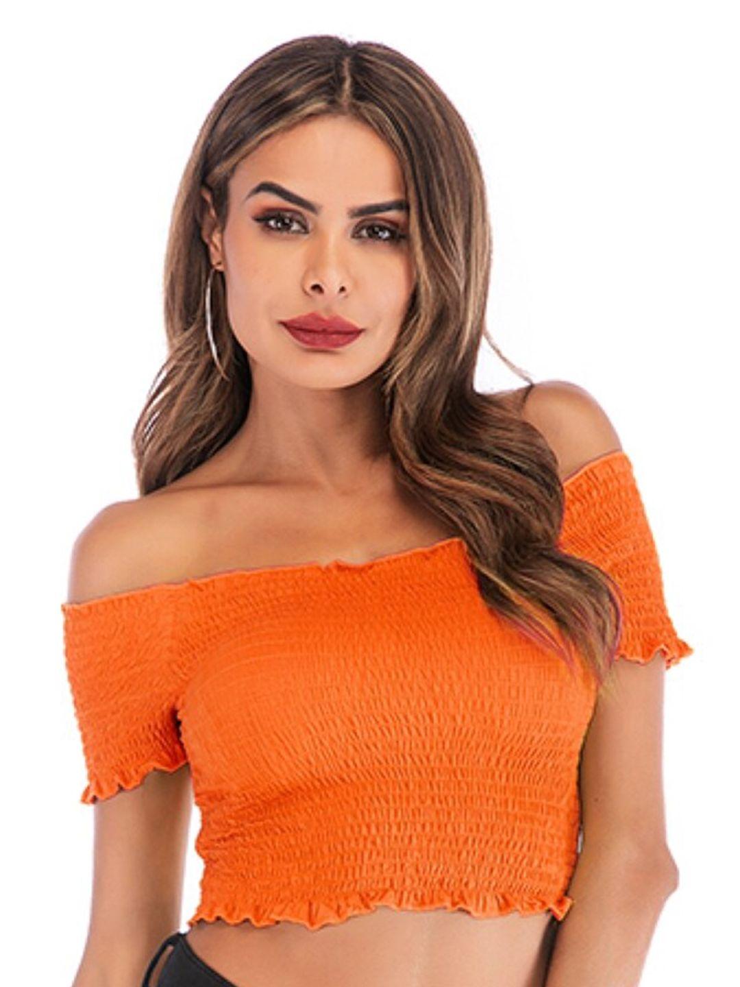 stylecast orange off shoulder smocked fitted crop top