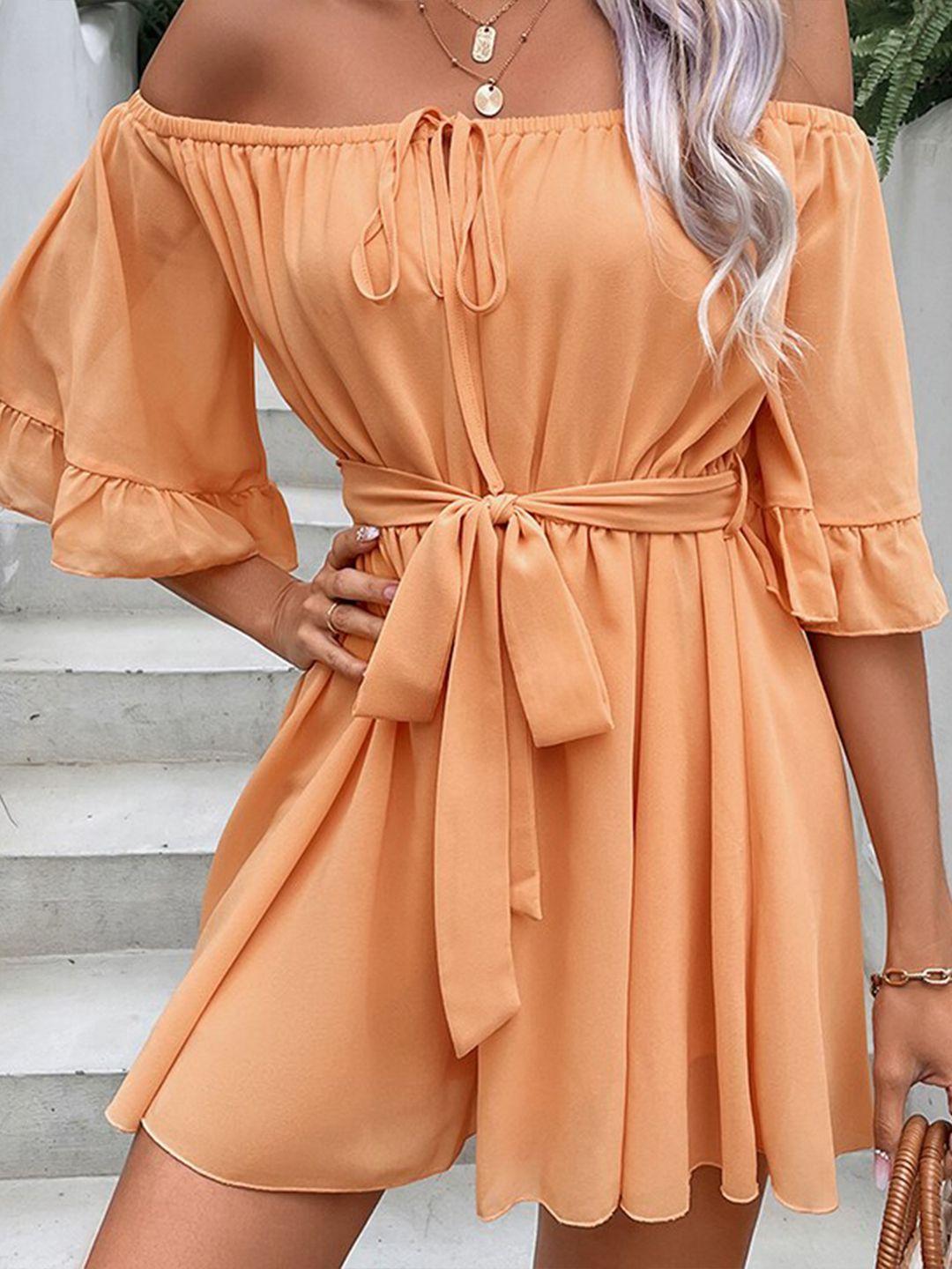 stylecast orange off-shoulder with lace inserts playsuit