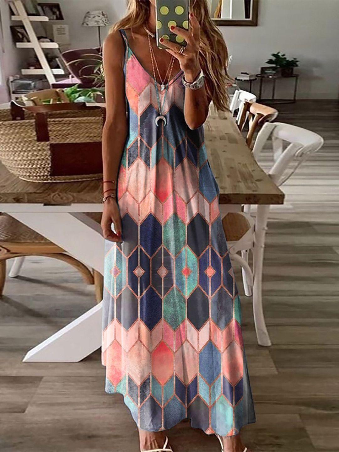 stylecast pink & blue geometric printed shoulder straps maxi dress