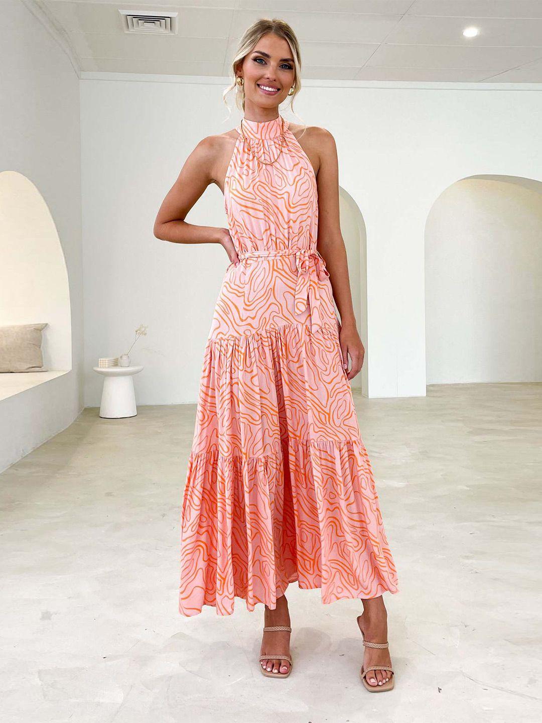 stylecast pink abstract printed halter neck gathered tiered maxi dress