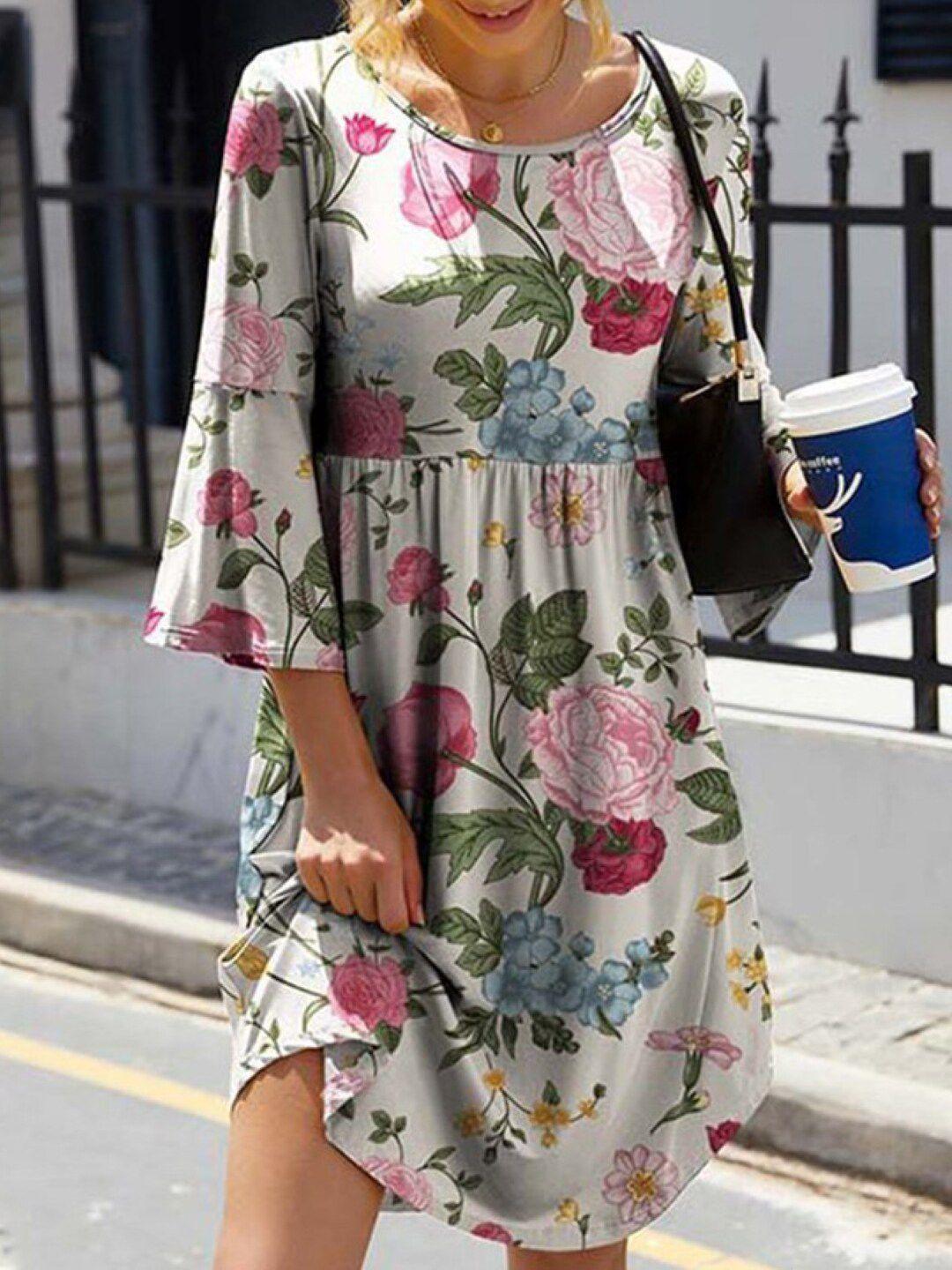 stylecast pink floral printed bell sleeve fit & flare dress