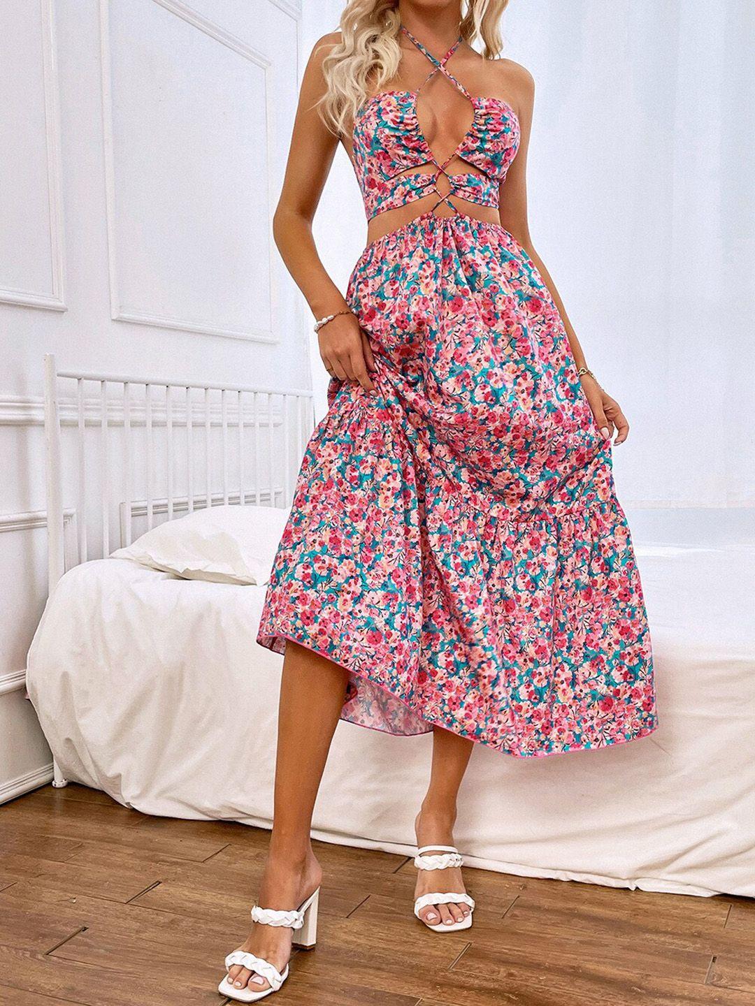 stylecast pink floral printed halter neck cut-outs tiered detail fit and flare maxi dress