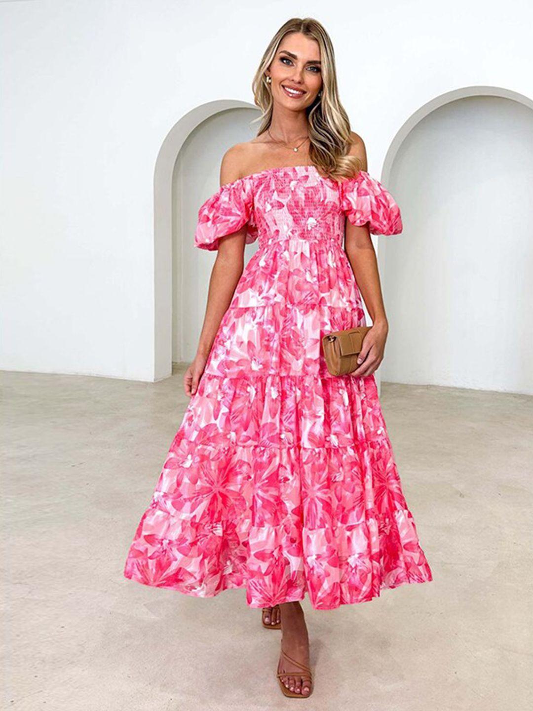 stylecast pink floral printed off-shoulder puff sleeves gathered fit & flare midi dress