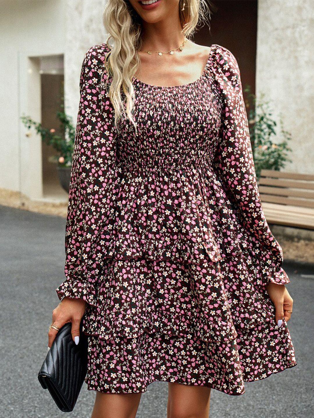 stylecast pink floral printed puff sleeve fit & flare dress