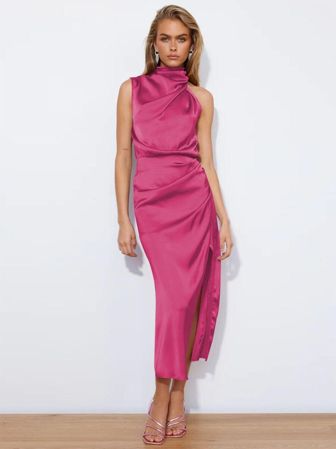 stylecast pink high neck gathered detail ruched sheath midi dress