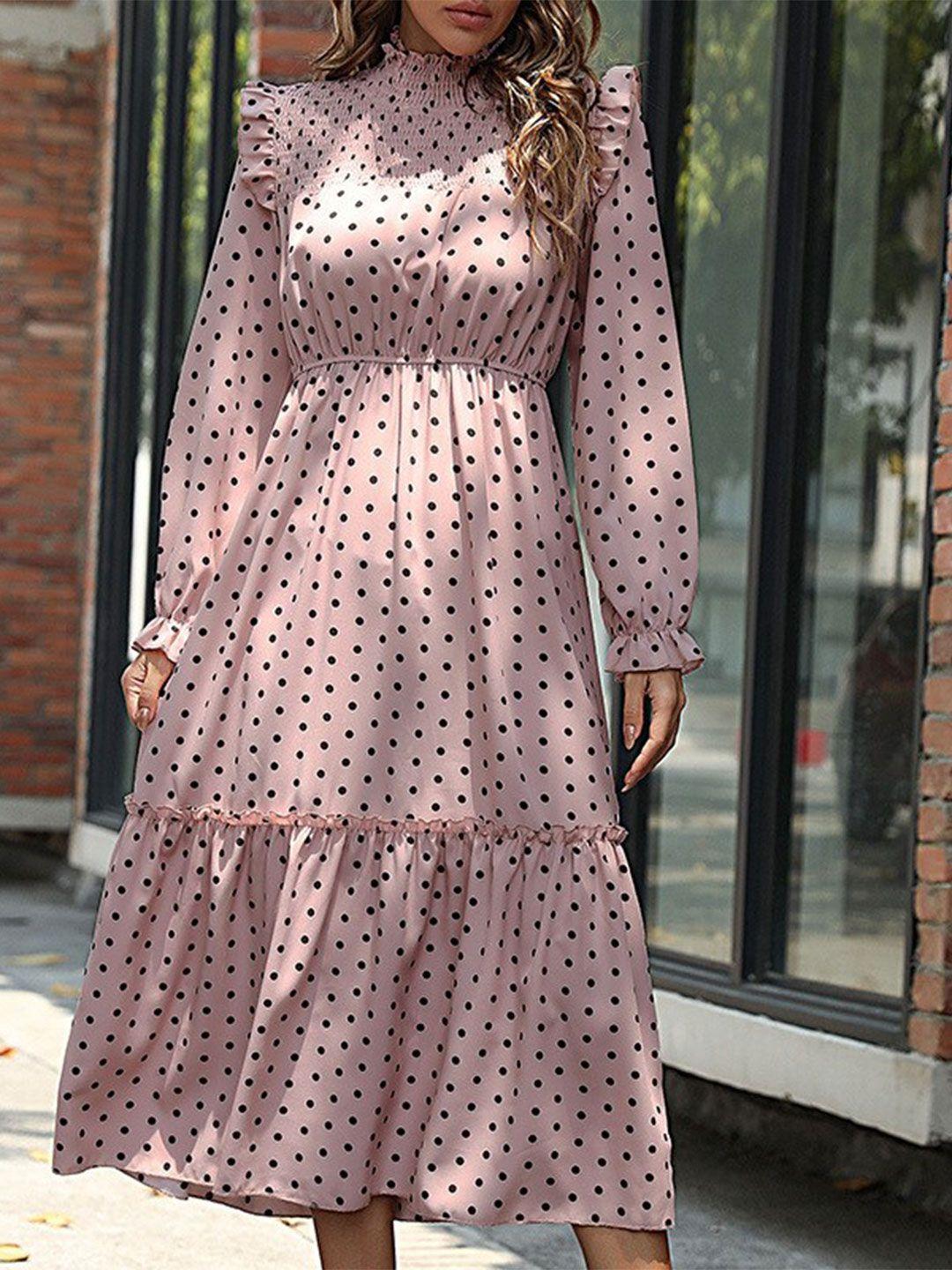 stylecast pink high polka dots printed neck puff sleeves a-line midi dress