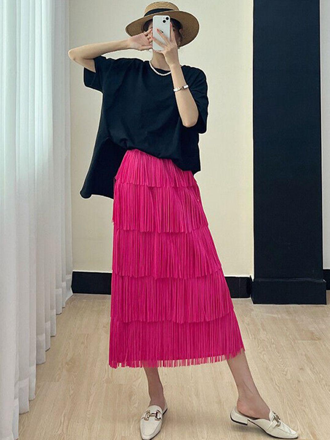 stylecast pink layered fringed high-rise flared midi skirt