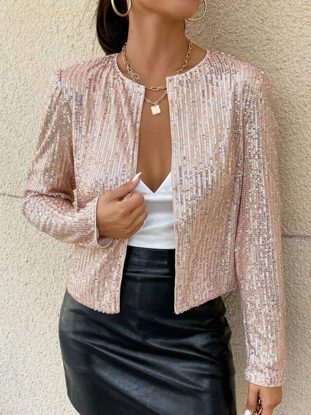 stylecast pink sequinned embellished long sleeves tailored jacket