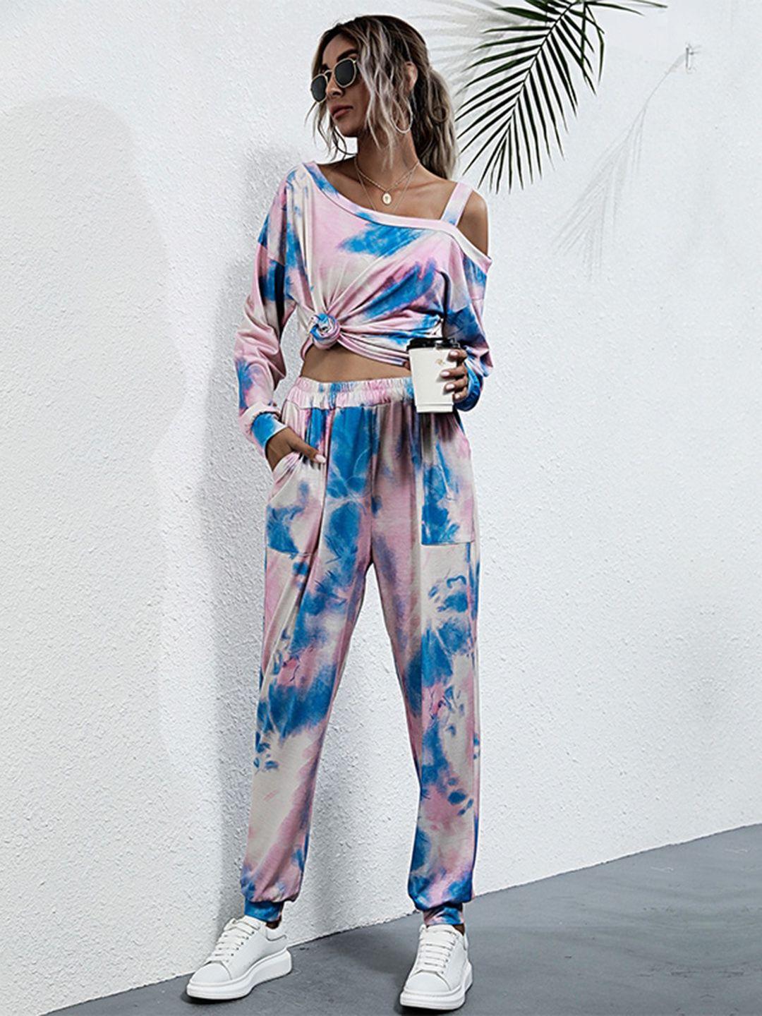 stylecast pink tie & dye asymmetric neck top with jogger co-ords