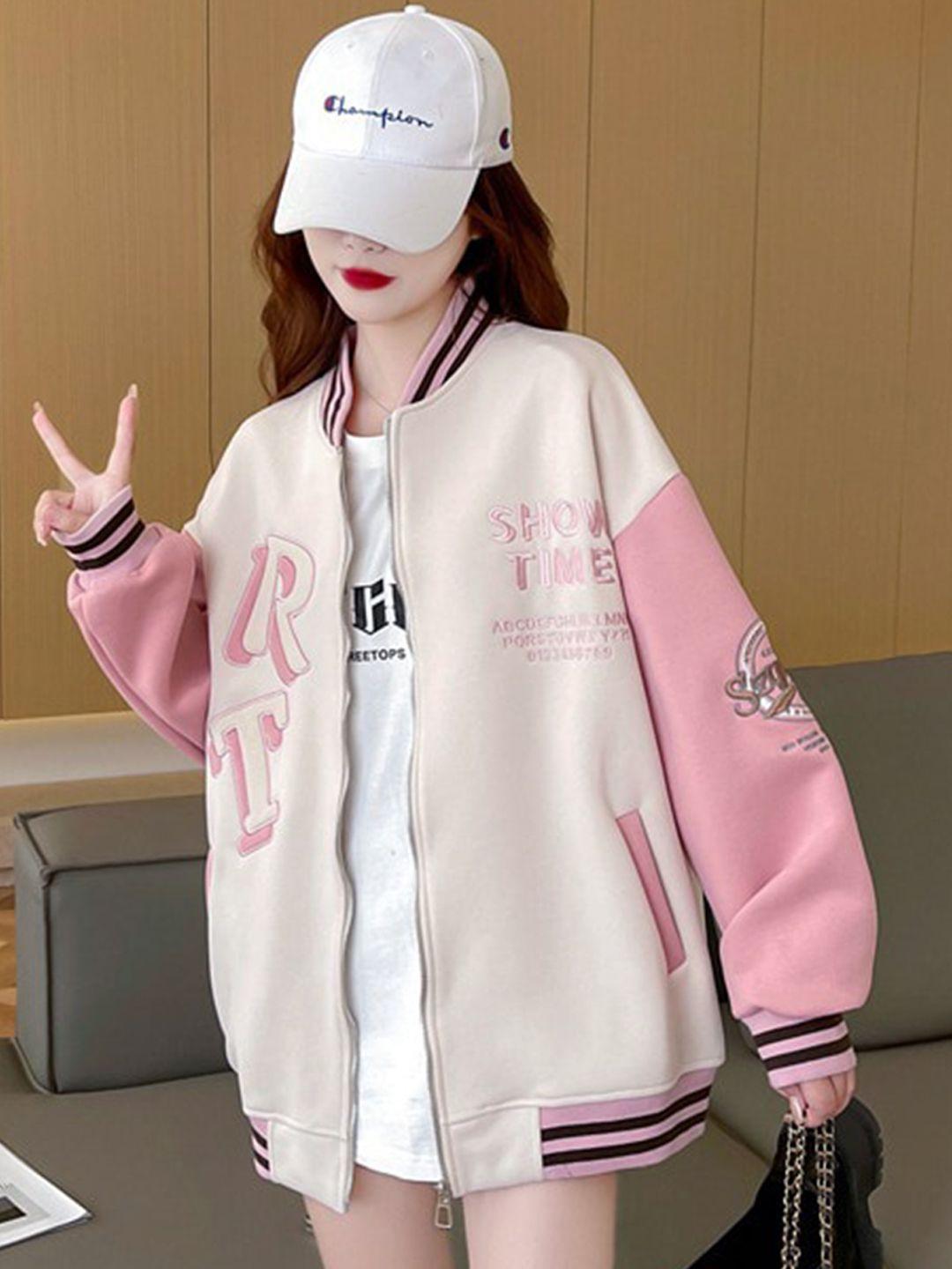 stylecast pink typography printed stand collar dry fit longline sporty jacket