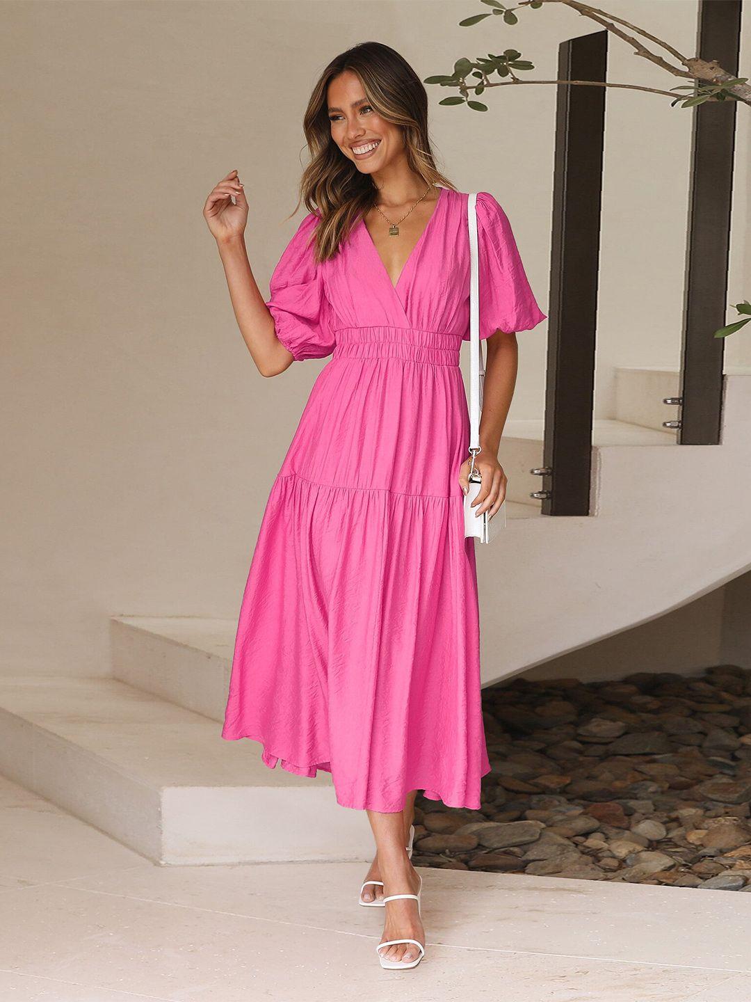 stylecast pink v-neck puff sleeve tiered fit & flare midi dress