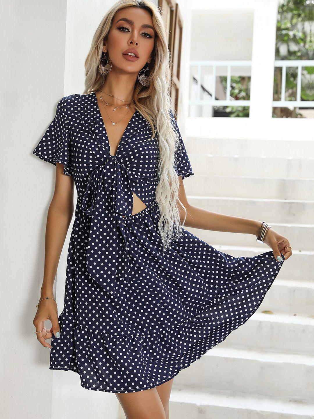 stylecast polka dot printed v-neck flutter sleeves cut out fit & flare mini dress