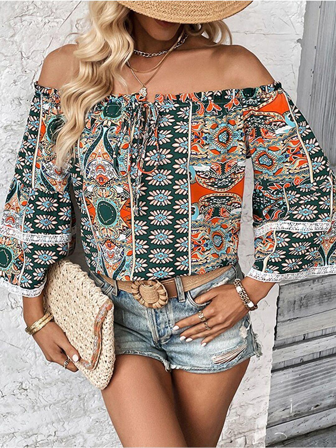 stylecast print off-shoulder flared sleeve bohemian bardot top