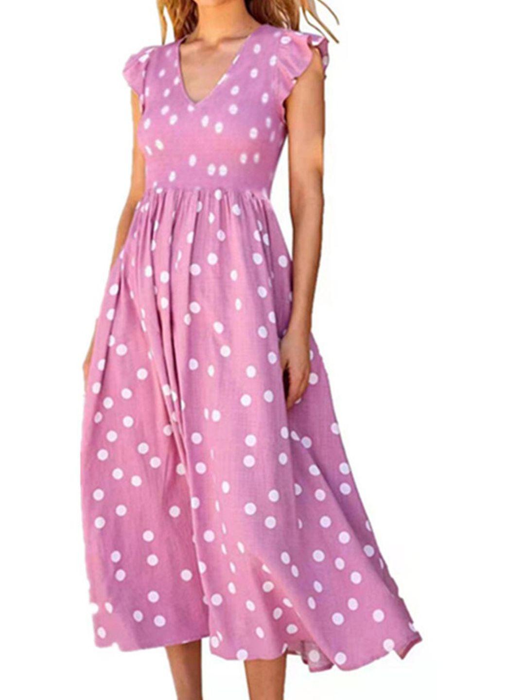 stylecast purple polka dot printed v-neck cotton casual fit & flare midi dress