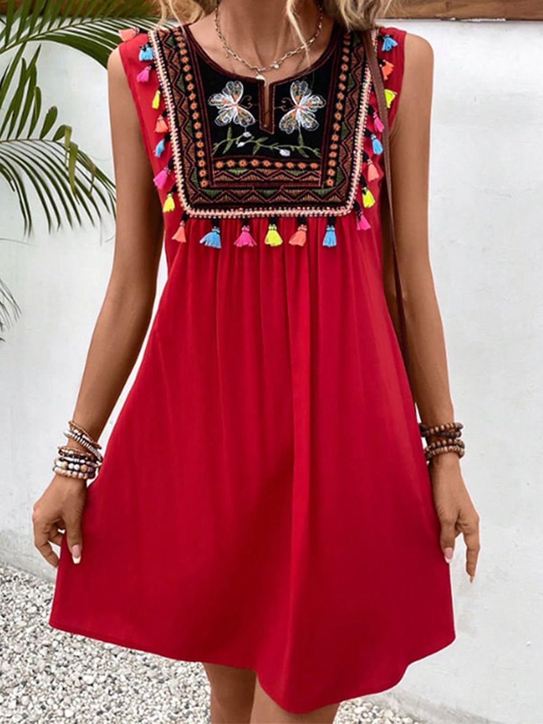 stylecast red & blood ethnic motifs embroidered fringed a-line dress