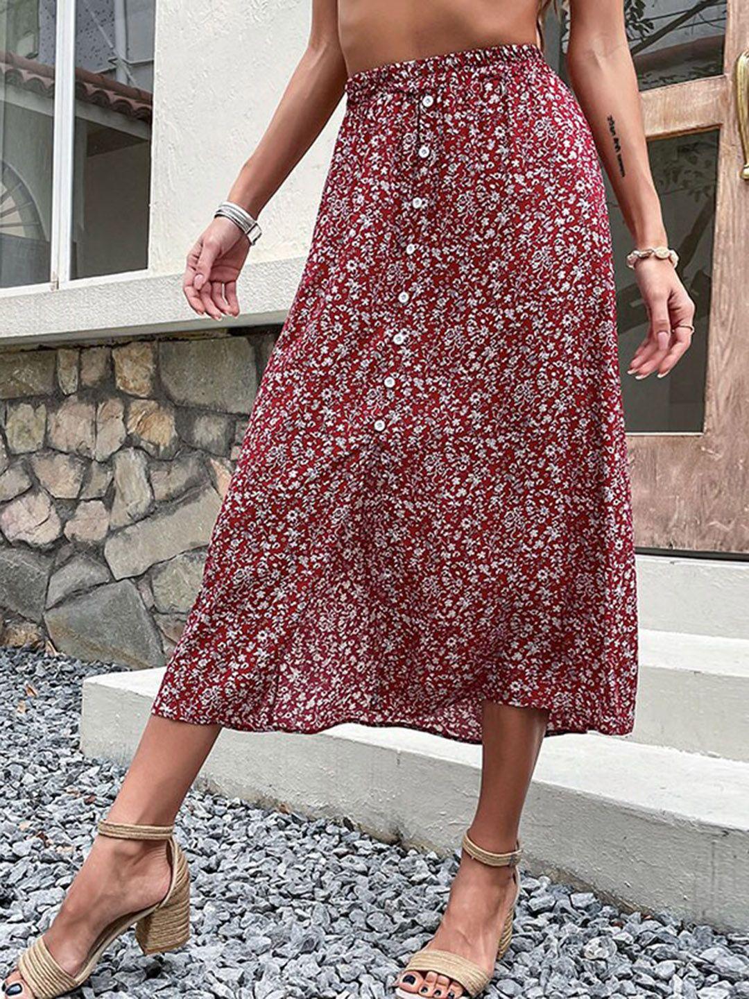 stylecast red & white floral printed flared midi skirt