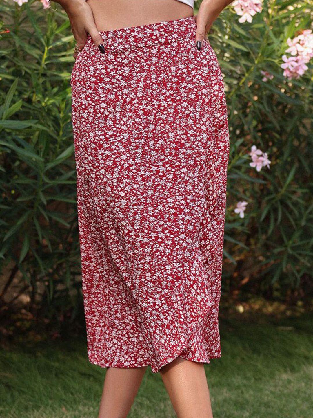 stylecast red & white floral printed flared midi skirt