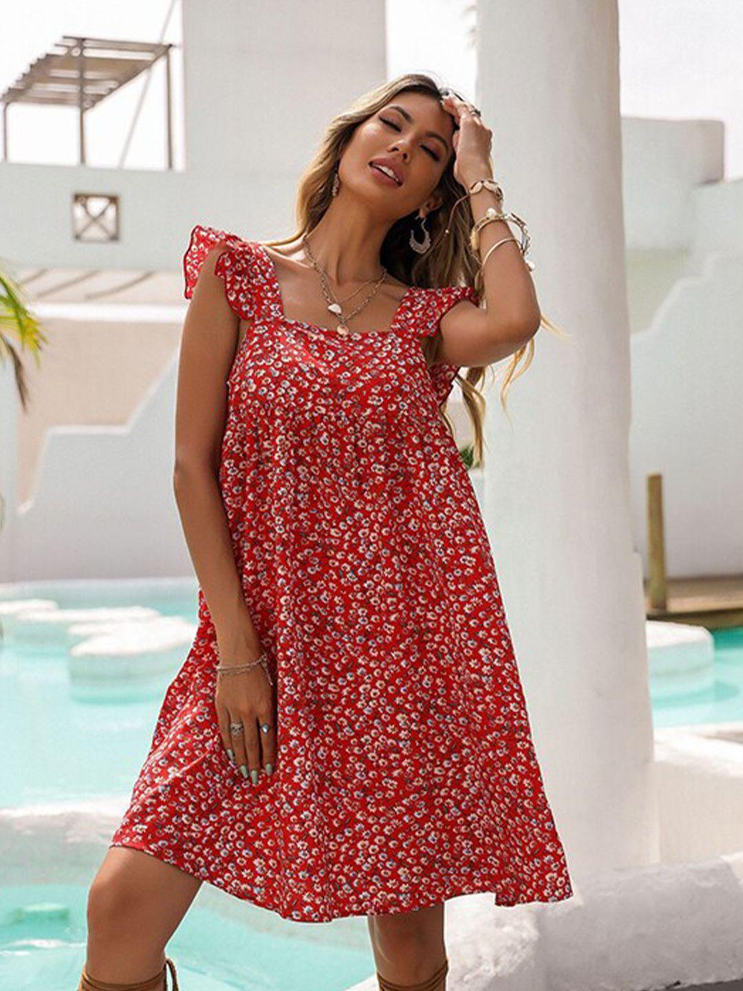 stylecast red & white floral printed square neck flared sleeve a-line dress