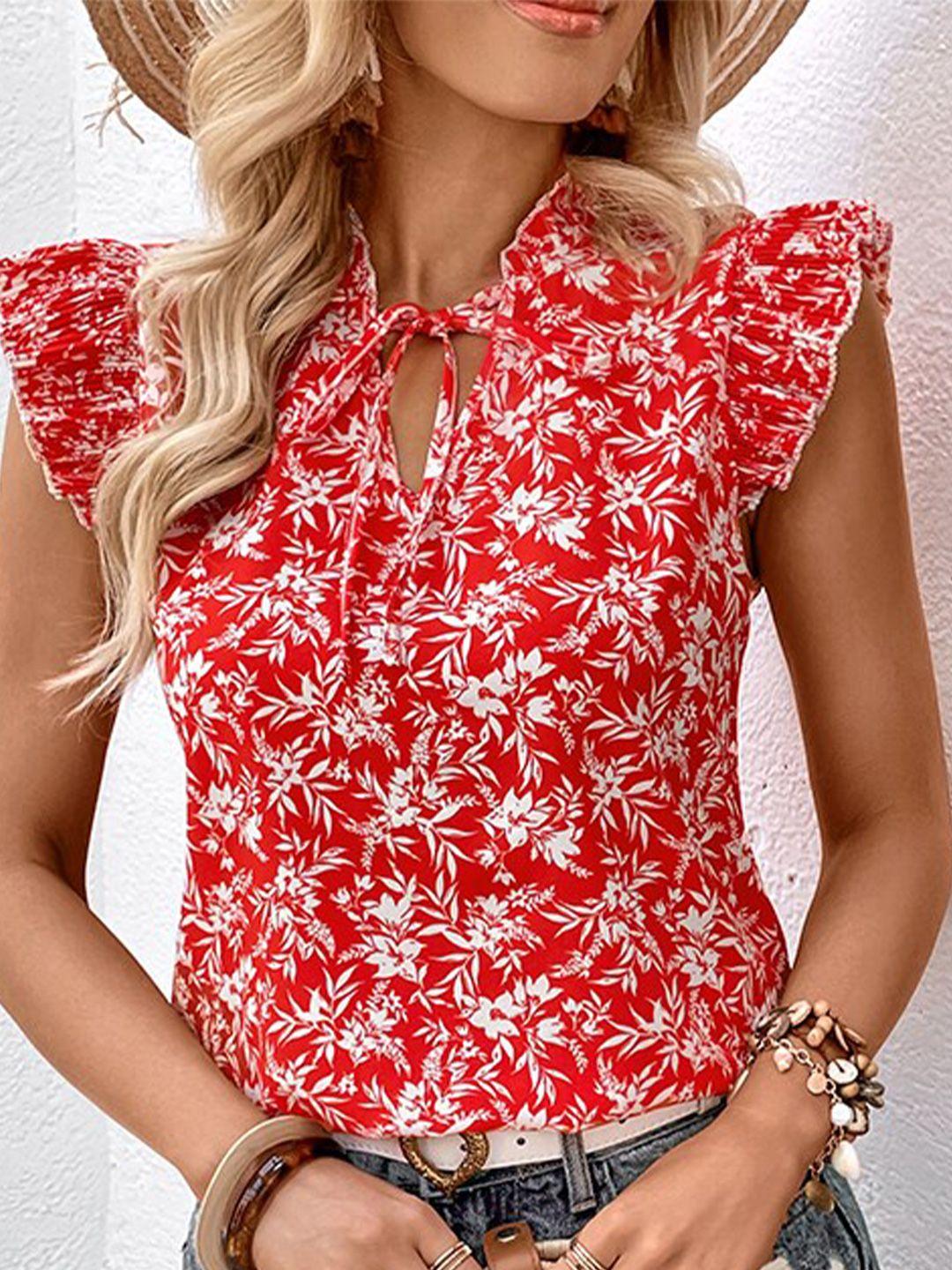 stylecast red & white floral printed tie-up neck top