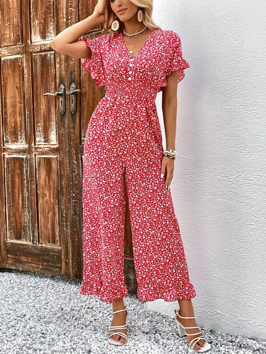 stylecast red & white floral printed v- neck flutter sleeves basic jumpsuit