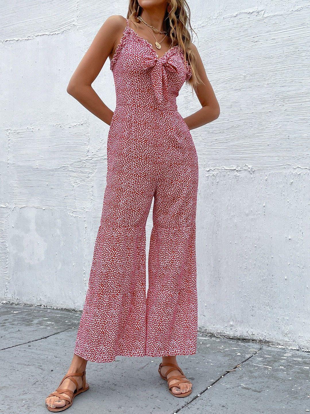 stylecast red abstract printed shoulder straps basic jumpsuit