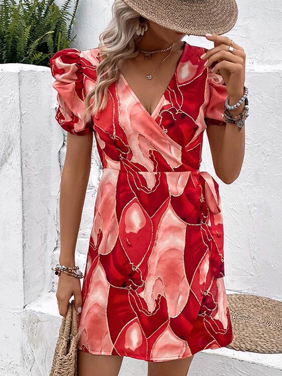 stylecast red abstract printed v-neck puff sleeves wrap dress