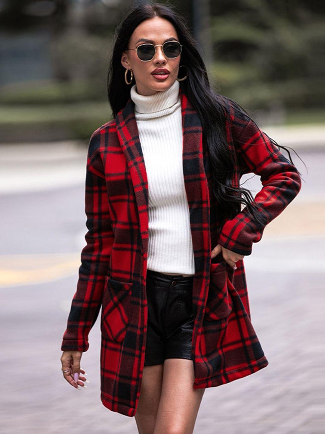 stylecast red checked shawl collar single-breasted longline overcoat