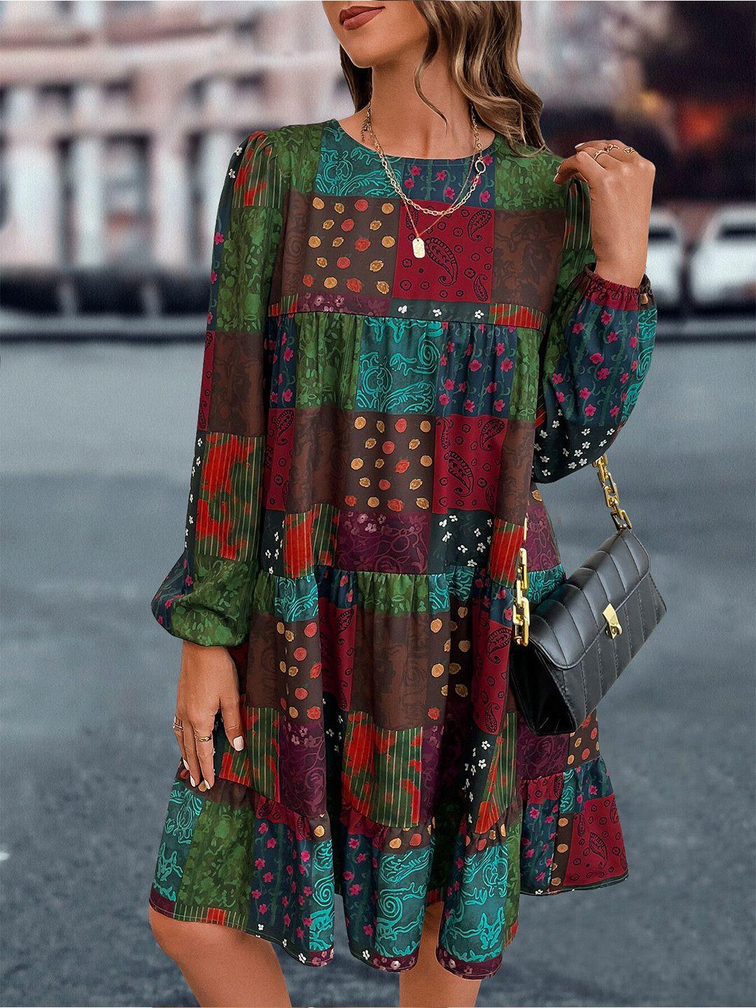 stylecast red ethnic motifs printed puff sleeve a-line dress