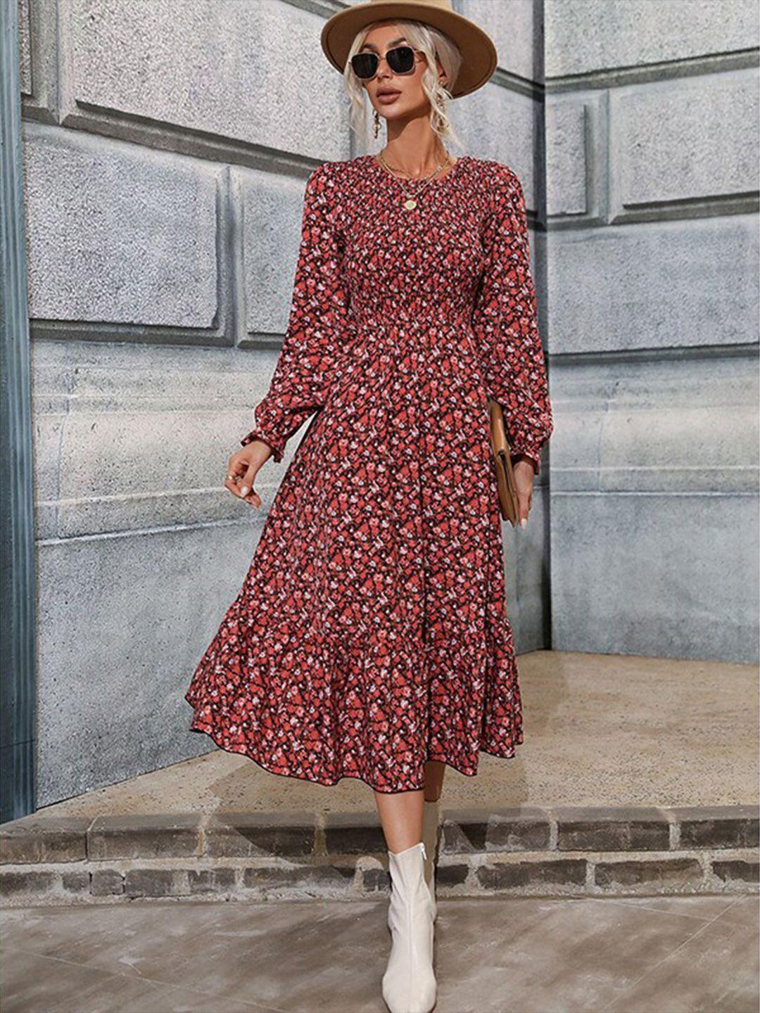 stylecast red floral print cuffed sleeves smocked fit & flare midi dress