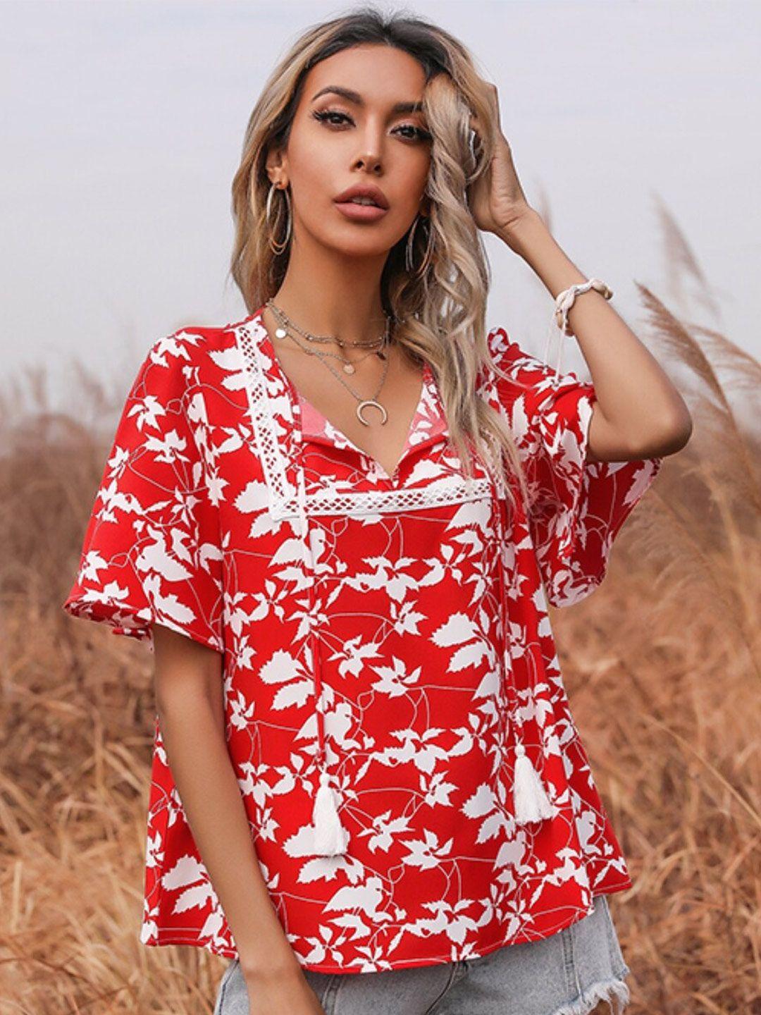 stylecast red floral printed flared sleeves tie-up neck top