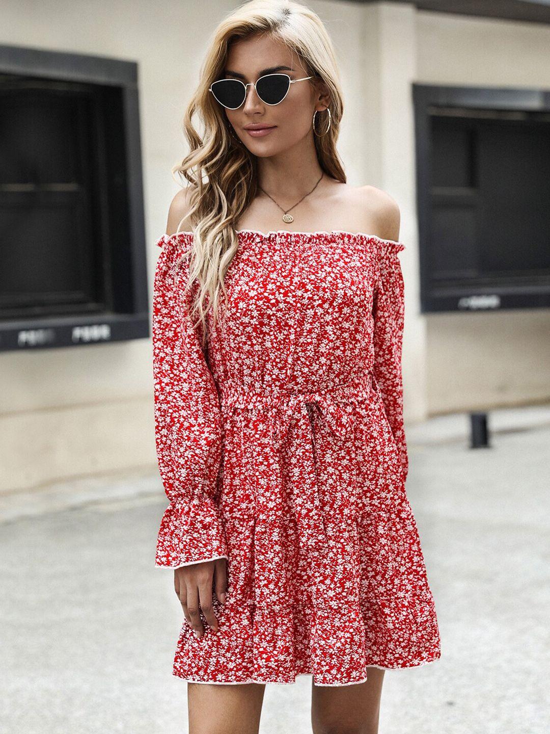 stylecast red floral printed off-shoulder puff sleeves belted fit & flare dress