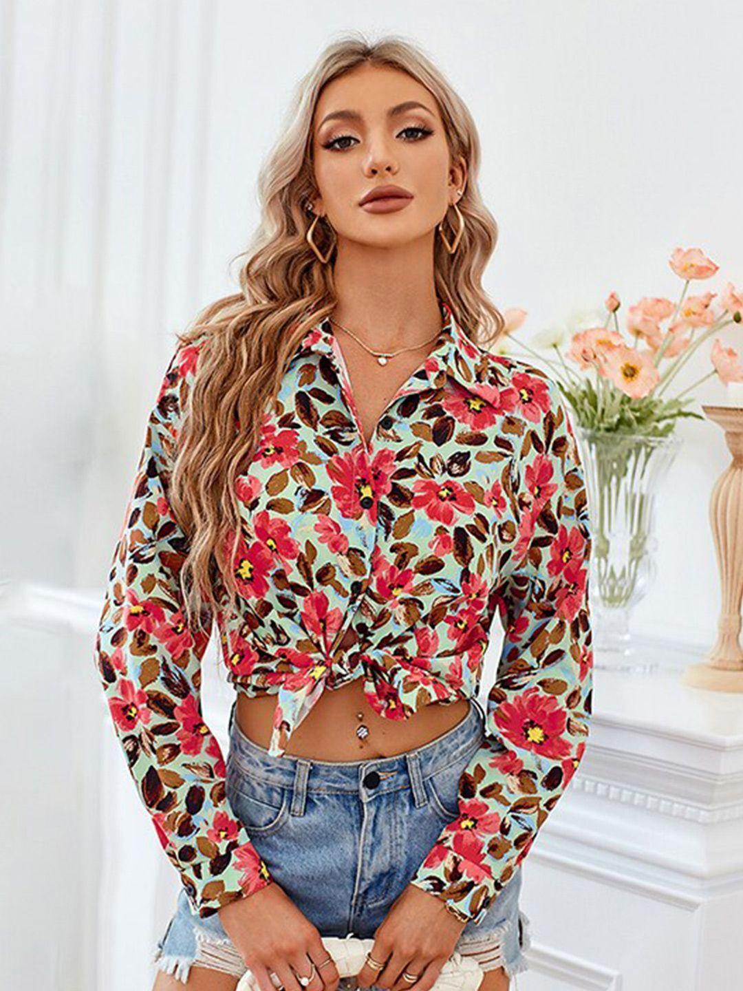 stylecast red floral printed shirt collar shirt style top