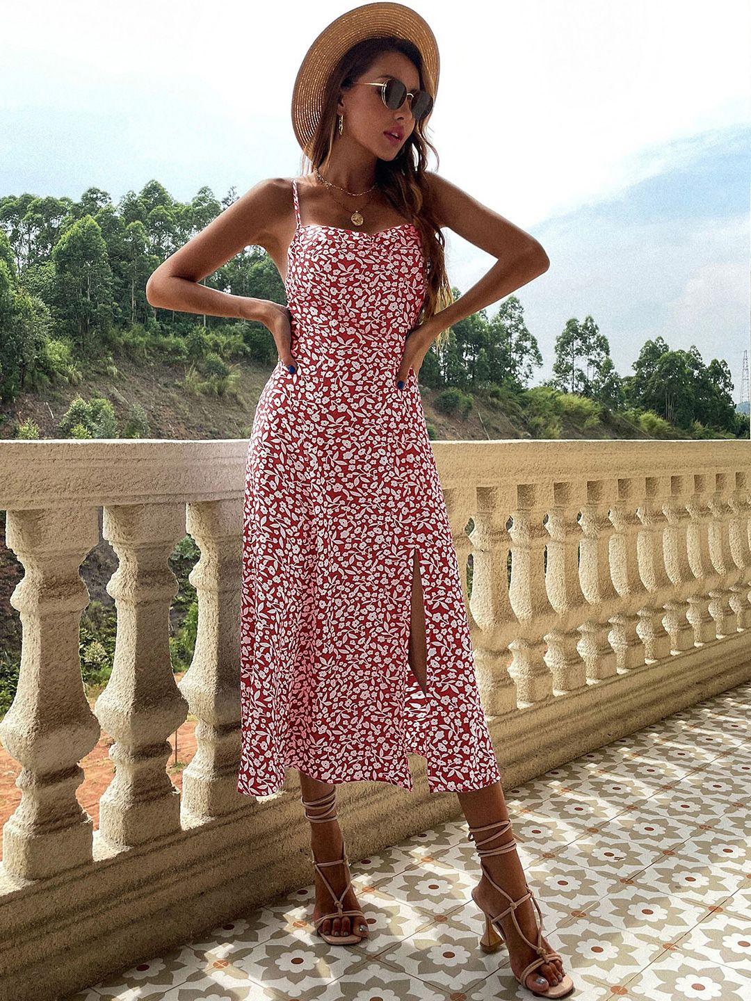 stylecast red floral printed shoulder strap a-line midi dress