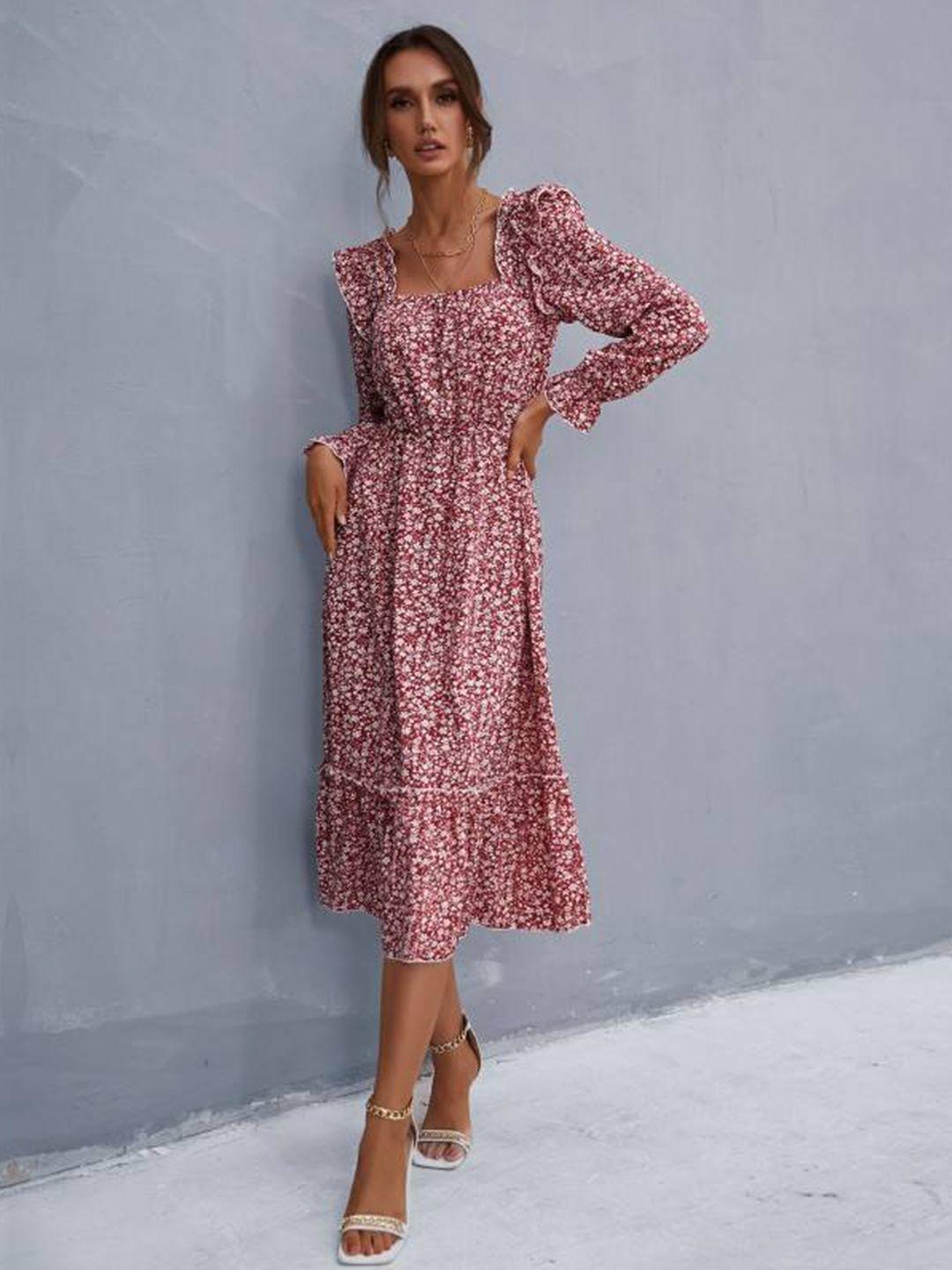 stylecast red floral printed square neck puff sleeves tiered fit and flare midi dress