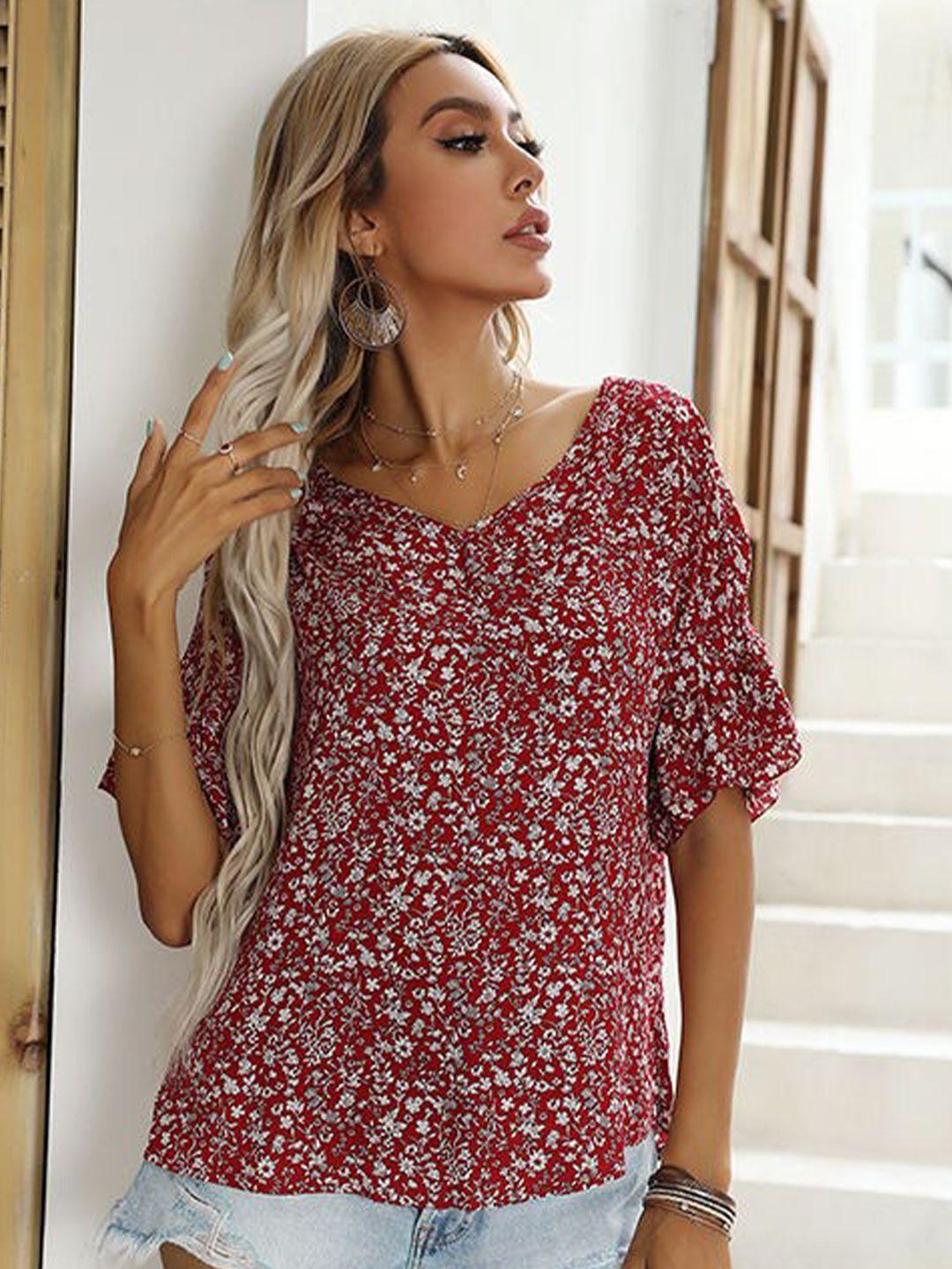 stylecast red floral printed v-neck cotton top