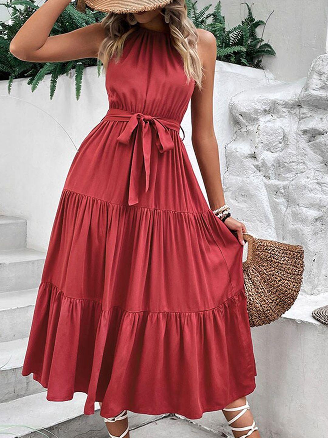 stylecast red halter neck fit & flare midi dress