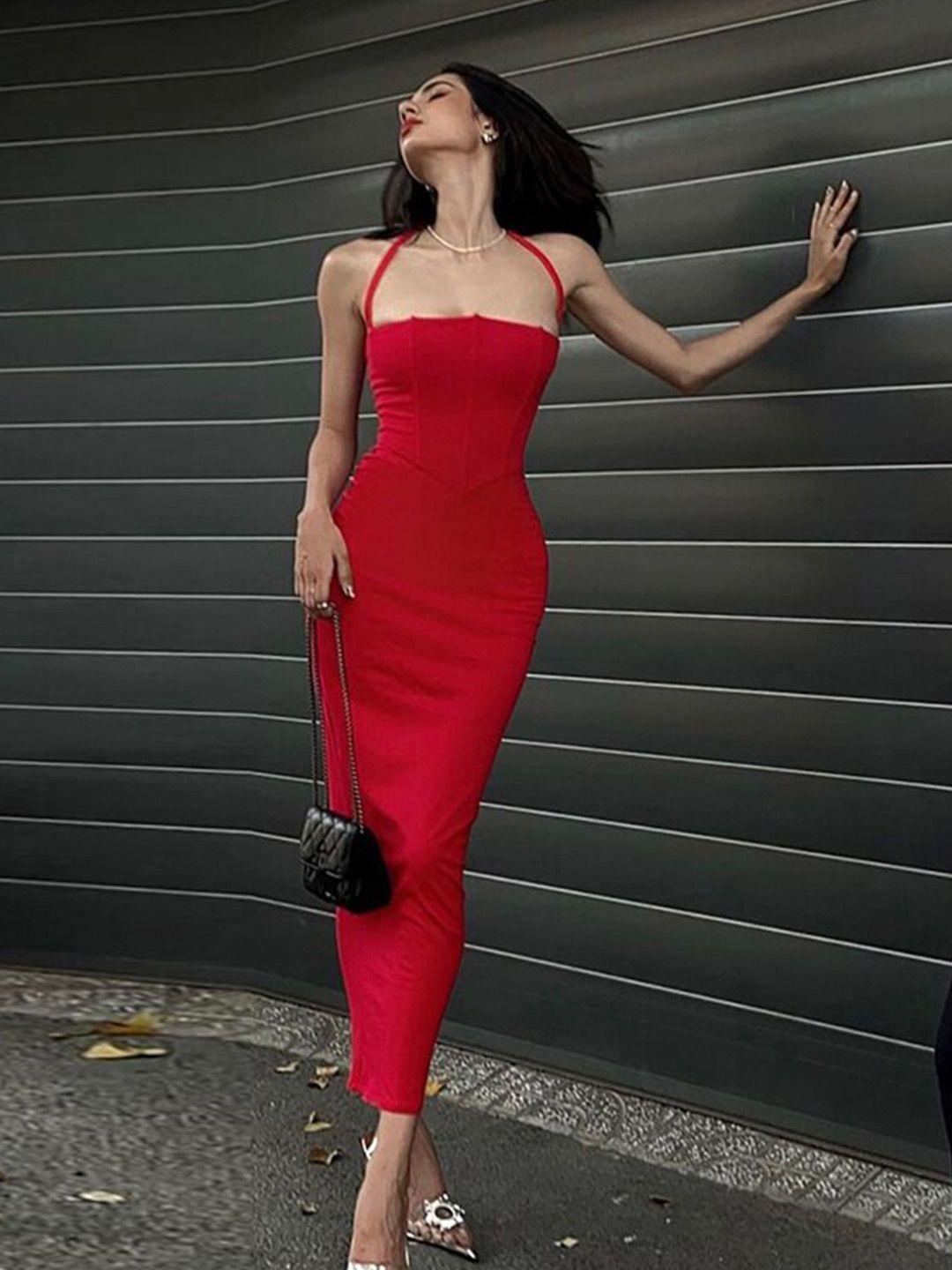 stylecast red halter neck sleeveless bodycon midi dress