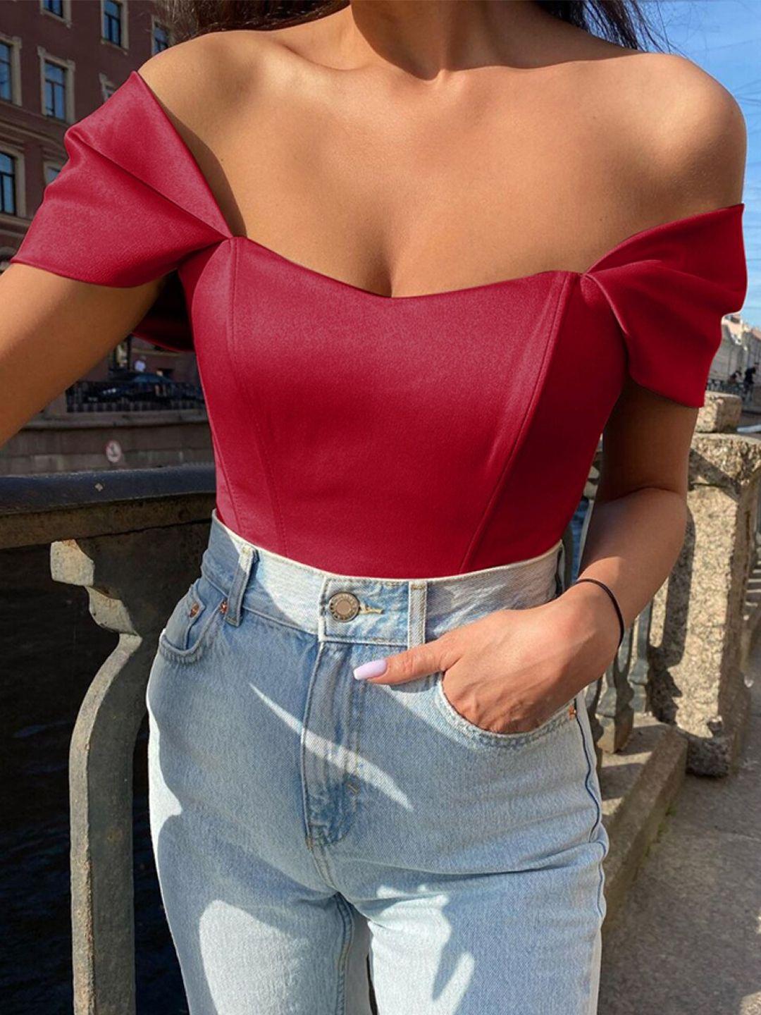 stylecast red off-shoulder puff sleeves bardot top