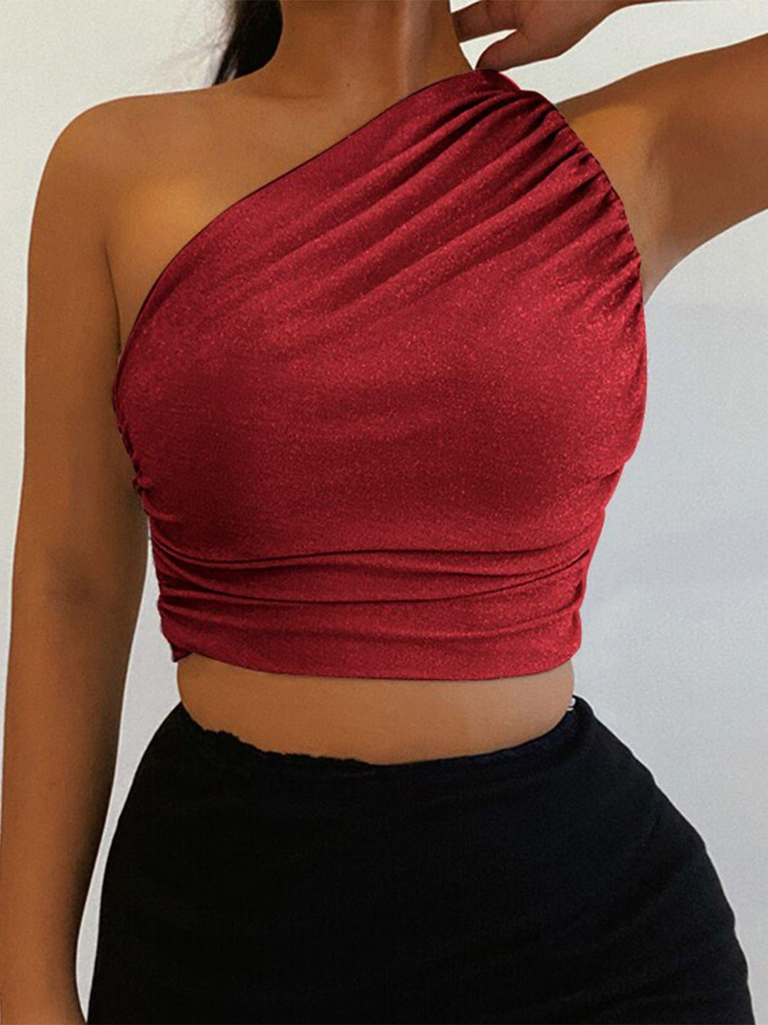 stylecast red one shoulder ruched crop fitted top