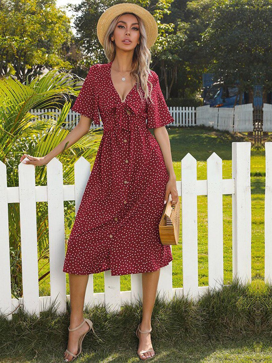 stylecast red polka dots printed flared sleeve a-line midi dress
