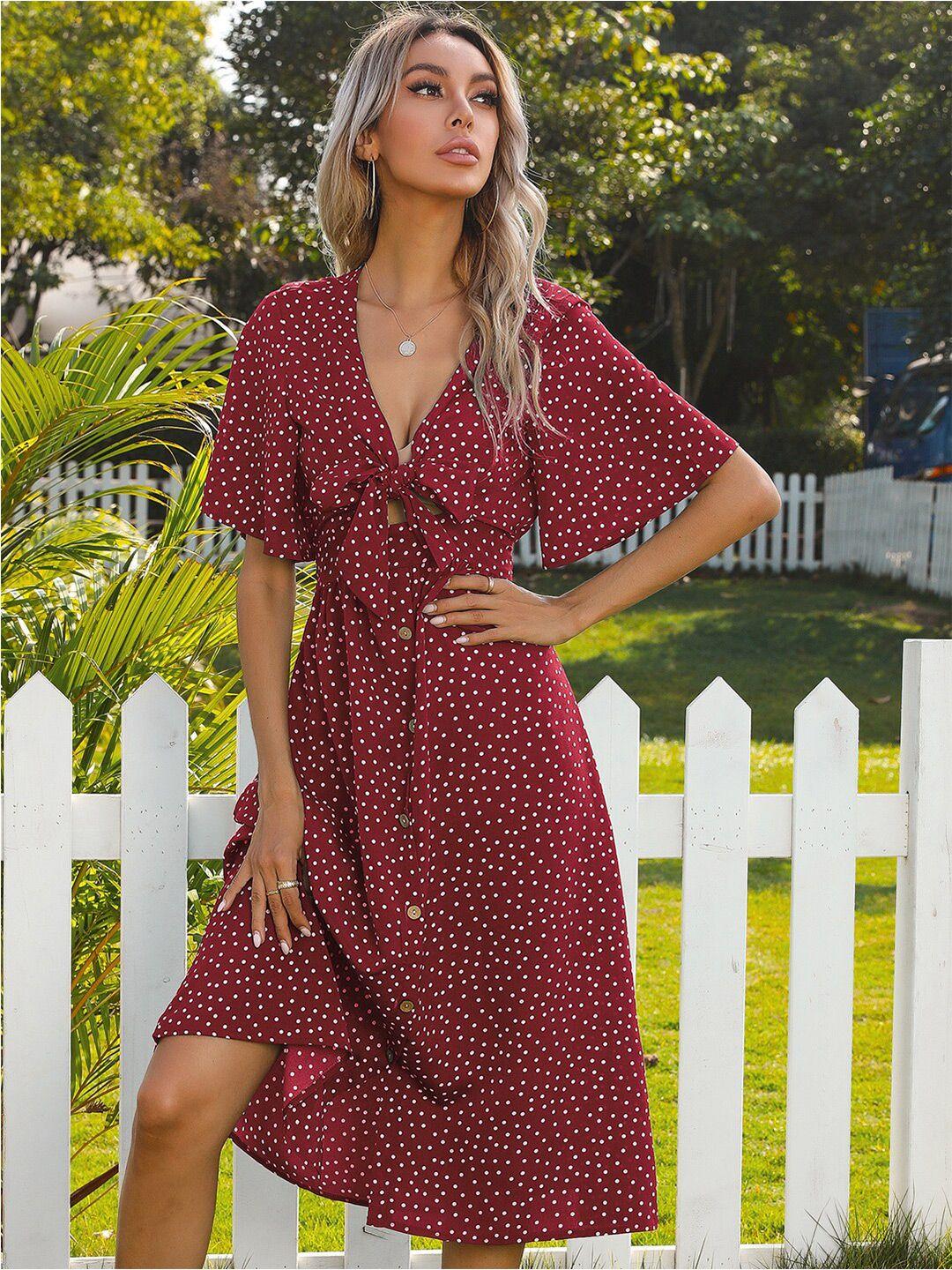 stylecast red polka dots printed v-neck flared sleeves tie-ups fit & flare dress