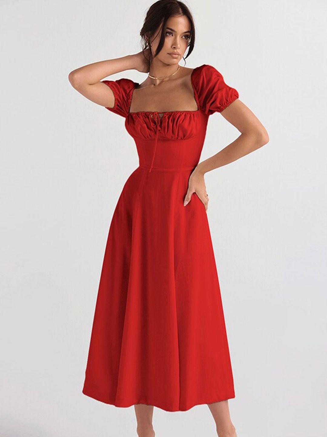 stylecast red square neck puff sleeve fit & flare midi dress