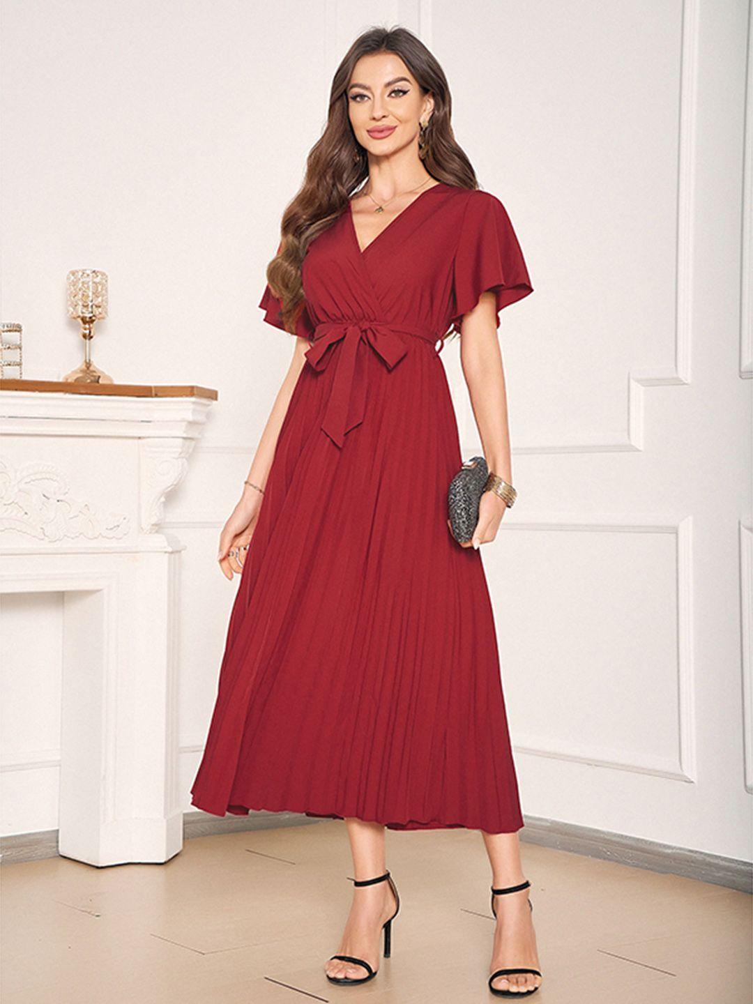 stylecast red v-neck flared sleeve accordion pleats casual fit & flare midi dress